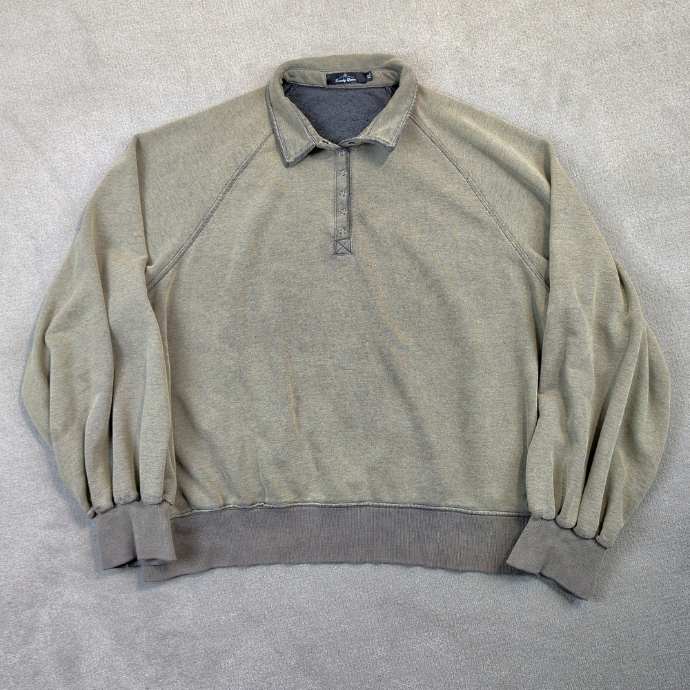 Trendy Queen Polo Sweatshirt Womens XL Olive Green Rayon Collared Snap Pullover